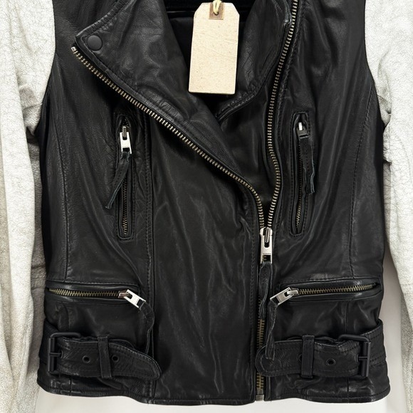 All Saints Albany Moto Jacket Black Leather Gray Sleeves Biker Grunge Size 4 NEW - Picture 9 of 14